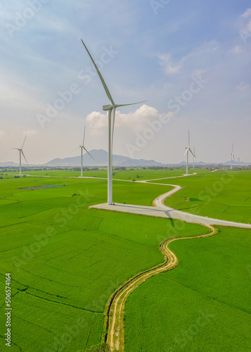 PANORAMIC VIEW OF WIND FARM OR WIND PARK, WITH HIGH WIND TURBINES FOR GENERAT...