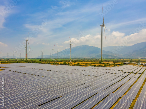 Aerial view of Solar panel, photovoltaic, alternative electricity source - co...