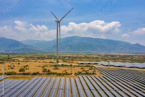 Aerial view of Solar panel, photovoltaic, alternative electricity source - co...