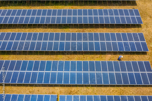 Aerial view of Solar panel, photovoltaic, alternative electricity source - co...