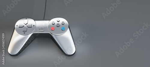 Entertainment concept with modern silver game joystick on grey background with empty space for your logo. 3D rendering, mockup