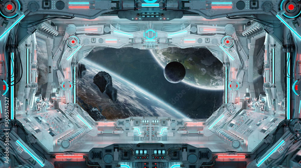 Fototapeta premium White spaceship interior with glowing blue and red lights. Futuristic spacecraft with large window view on planets in space. 3D rendering