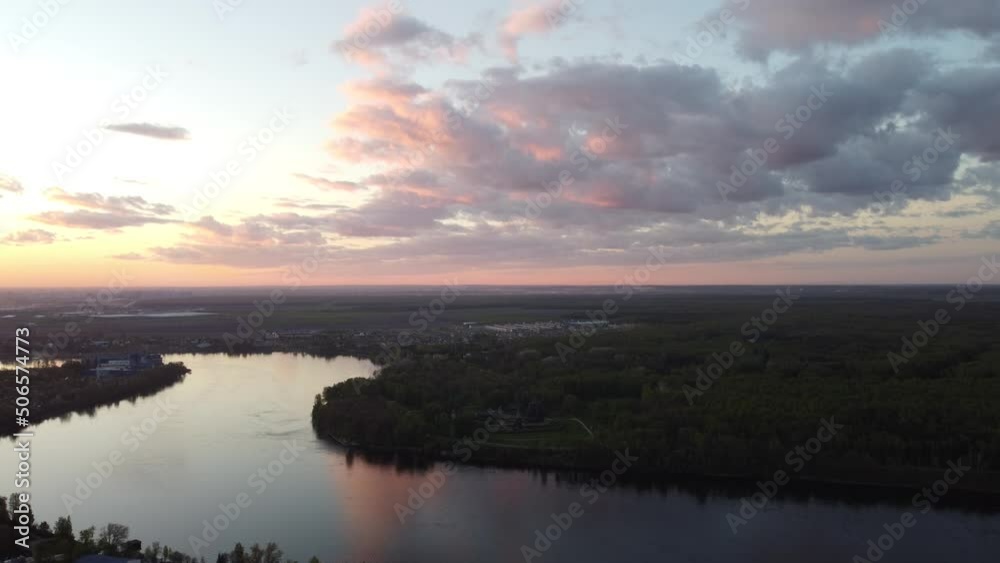 Aerial drone view of beautiful sunset near the Neva river at suburb of city Saint-Petersburg at sunset 4k footage Aerial drone view of beautiful sunset near the Neva river at suburb of city Saint-Petersburg at sunset 4k footage