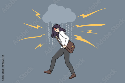 Unhappy young woman surrounded by lightings feeling aggression and rage. Angry mad female struggle with negative emotions and nervous breakdown. Psychological problem. Vector illustration. 