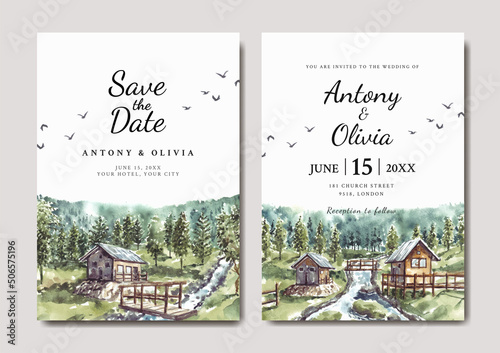Watercolor wedding invitation of green nature landscape with house and river 