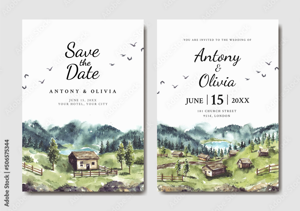 Wedding invitation set of green nature landscape with house and mountains watercolor