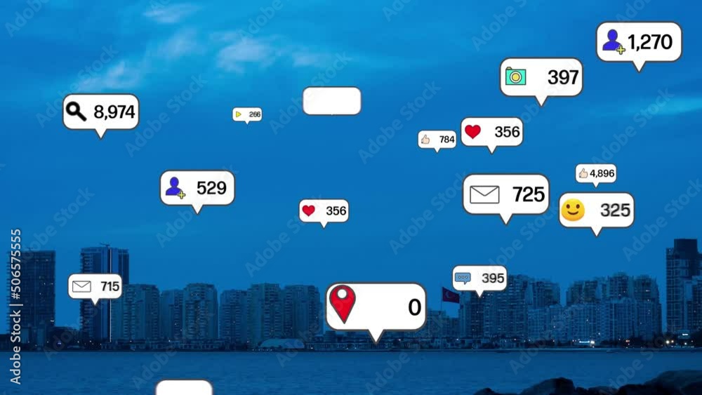 Social media icons fly over city downtown showing people engagement connection through social network application platform . Concept for online community and social media marketing strategy . High