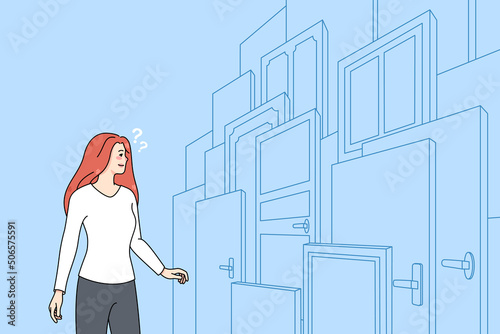 Confused woman in front of numerous doors find right solution or option. Frustrated female make life choice, finding correct path or way. Right and wrong decision. Vector illustration. 