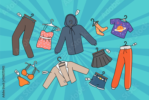 Diverse clothing pieces with discount prices on seasonal sale in shop. Selling fashion garment on promotion or reduced price deals. Stock apparel with tags. Flat vector illustration. 