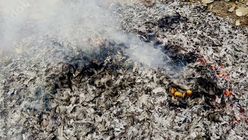 A closeup view of the grey ashes and remains of a garden bonfire with some smoke and red hot embers and the last few yellow flames from the remaining unburnt leaves. photo