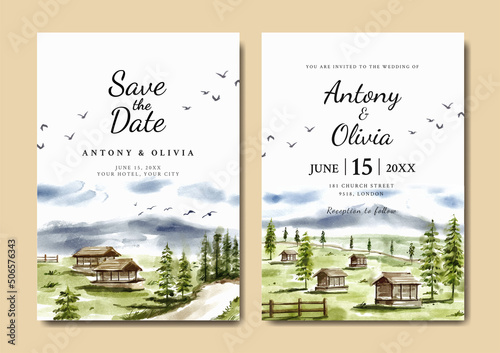 Watercolor wedding invitation set of green nature landscape with house and road 