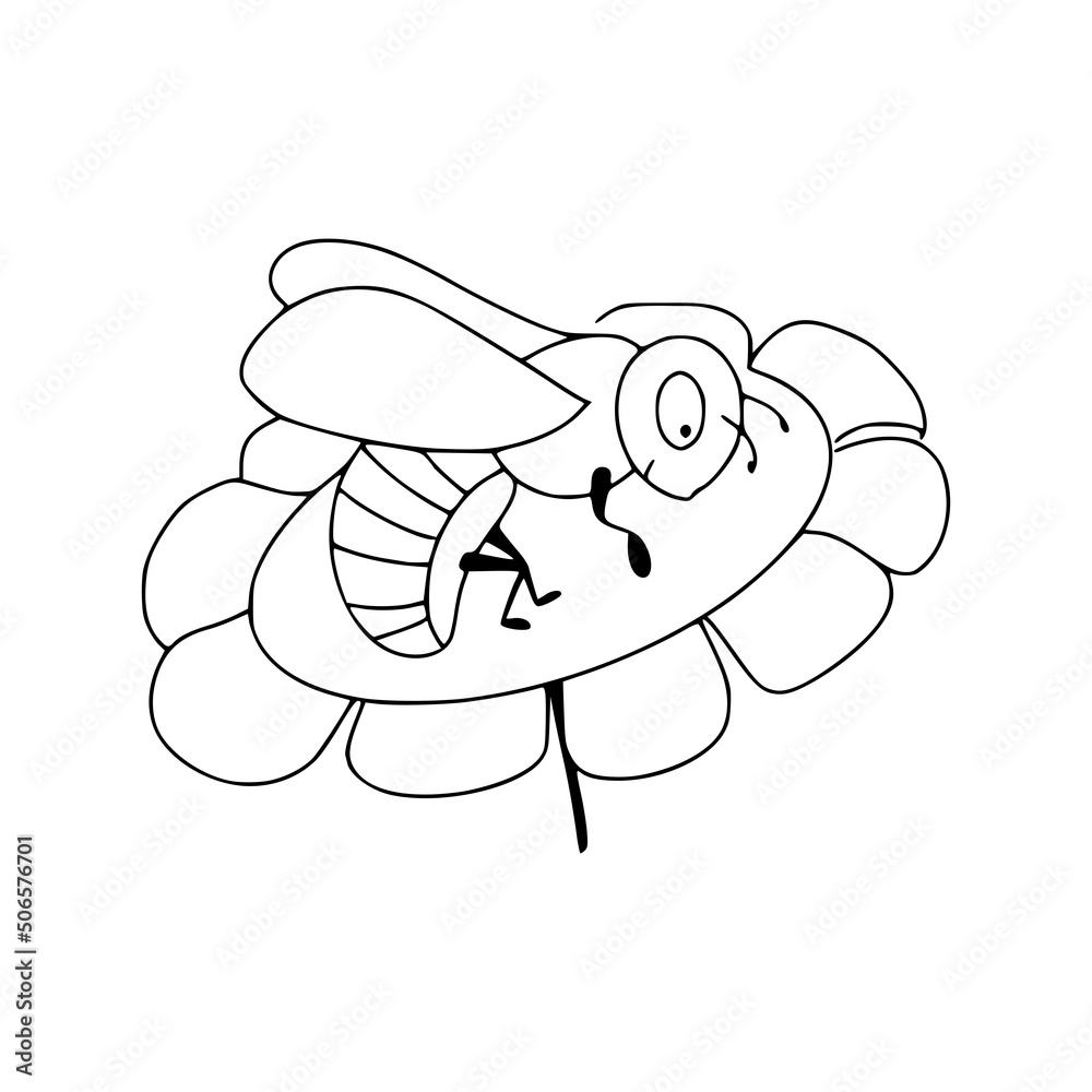 Black and white linear hand drawn bee on flower icon. Flying insect vector illustration isolated on white background Black and white linear hand drawn bee on flower icon. Flying insect vector illustration isolated on white background