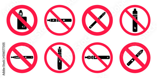 No vaping sign. Red forbidden circle sign icon isolated on white background vector illustration set. Vape and smoke and in prohibition circle.