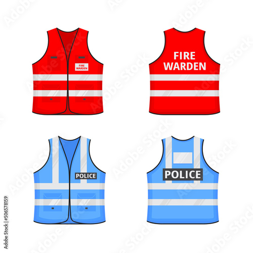 Safety reflective vest with label FIRE WARDEN, POLOCE flat style design vector illustration set. Red, blue fluorescent security safety jacket with reflective stripes. Front and back view uniform vest.