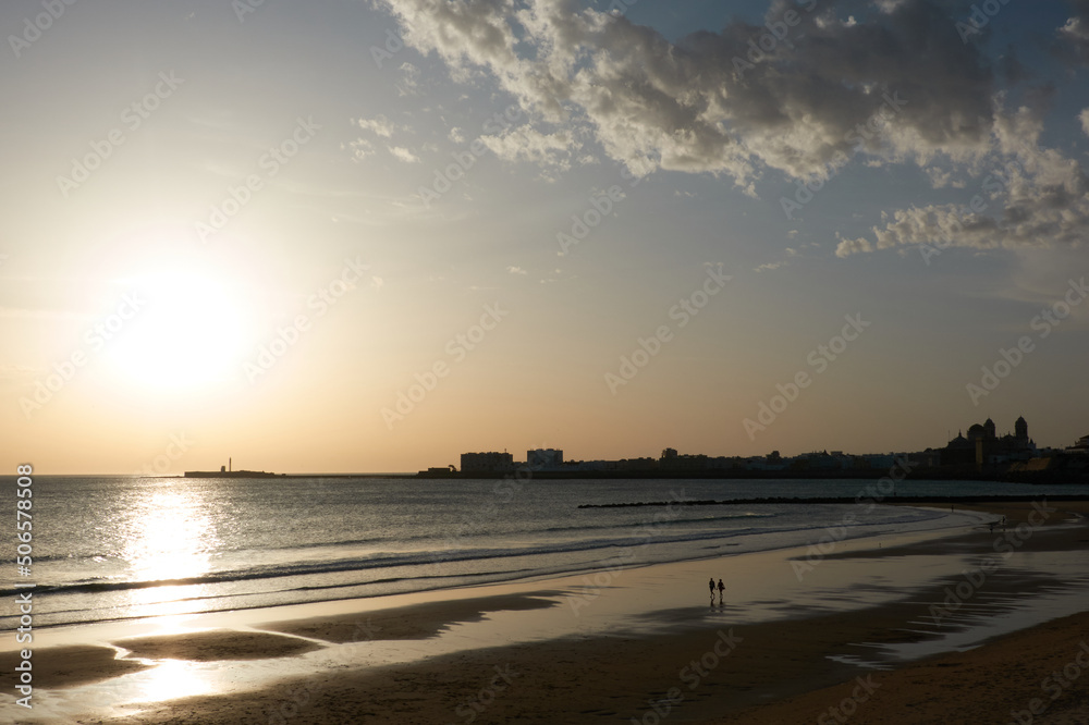Sunset in Cadiz from the beach of Santa María del Mar. Spain