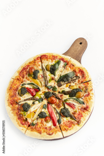 mixed organic vegetables vegetarian pizza on white background