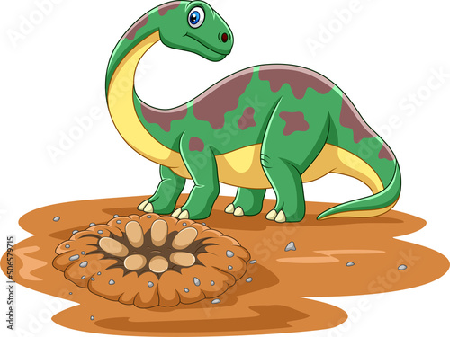 Cartoon brontosaurus dinosaur with eggs in the field