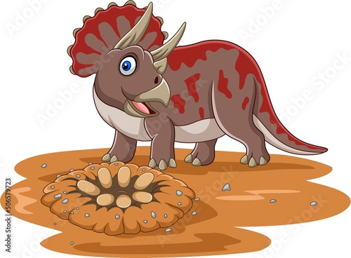 Cartoon triceratops dinosaur with eggs in the field