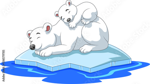 Cartoon mother and baby polar bear sleeping on ice floe
