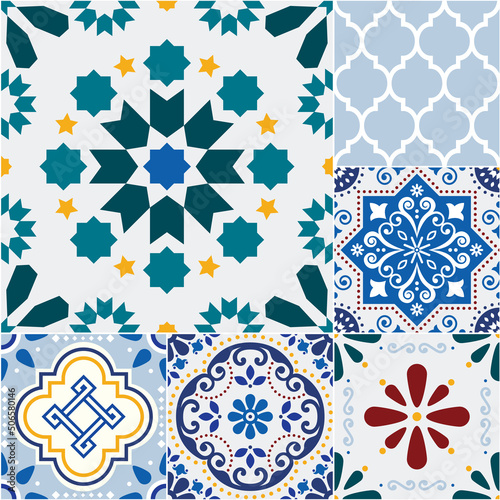 Mosaic Azulejo Portuguese or Spanish tile design seamless vector pattern - different tile size decoration inspired by art from Portugal or Spain

