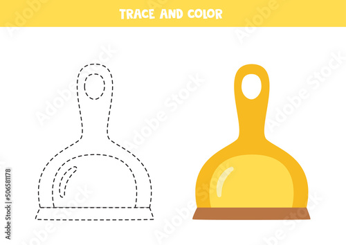Trace and color yellow cartoon dustpan. Worksheet for children.