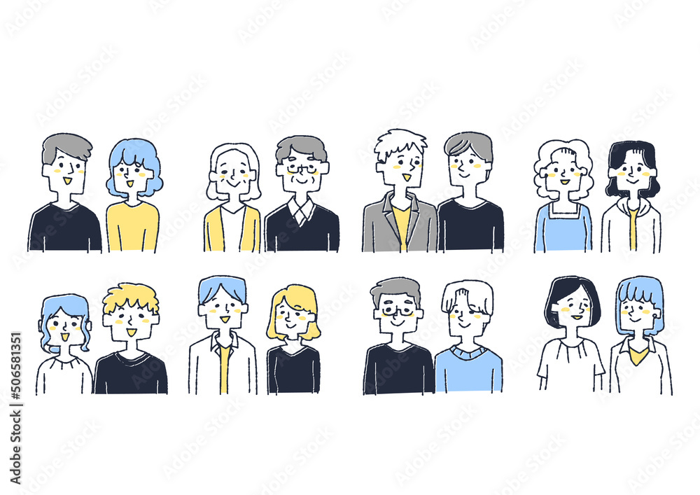 さまざまなカップルや友人、パートナー、家族のセット コミカルな手書きの人物 ベクター、線画にカラー さまざまなカップルや友人、パートナー、家族のセット コミカルな手書きの人物 ベクター、線画にカラー