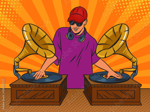 DJ disc jockey at mixer console with vintage gramophones phonograph pop art retro vector illustration. Comic book style imitation.