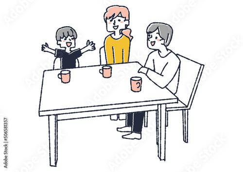 息子の楽しげな話を聞く夫婦　子供をサポートする温かい親　コミカルな手書きの人物