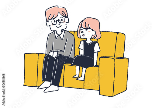 ソファに座り娘の話を聞く父　子供をサポートする温かい親　コミカルな手書きの人物　