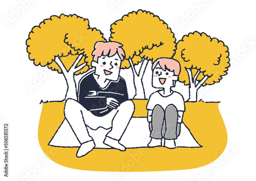 公園に座って会話を楽しむ父と息子 子供をサポートする温かい親 コミカルな手書きの人物