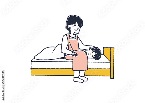 ベッドから出てこない子供に優しく話しかける母　子供をサポートする温かい親　コミカルな手書きの人物