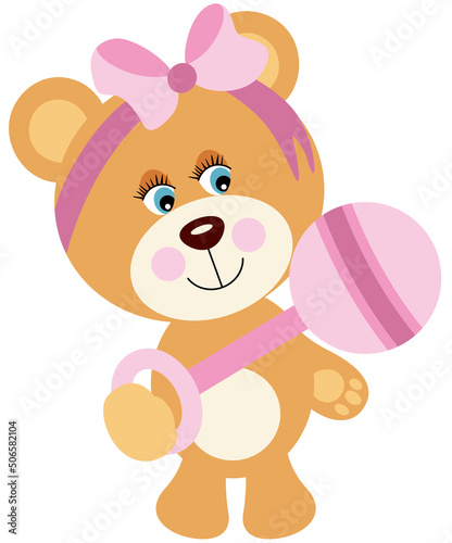 Cute baby girl teddy bear holding a baby rattle toy