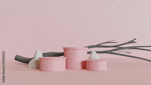 3D rendering of pink podium with marble stone background. Beautiful minimal scene for products display. Circle pink stage with wooden bark. 3d stage on pedestal display with dry wood.