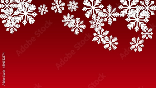 Christmas  Vector Background with Falling Snowflakes. Isolated on Red Background. Realistic Snow Sparkle Pattern. Snowfall Overlay Print. Winter Sky. Papercut Snowflakes.