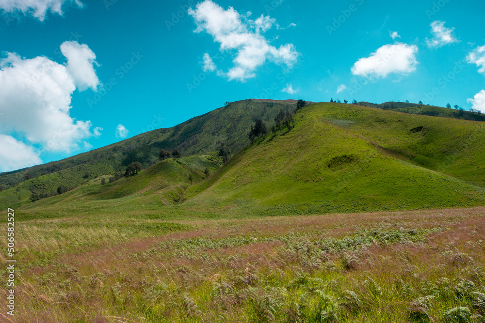 View of beautiful savanna and hill at Bromo Mountain Area with blue cloudy sky background