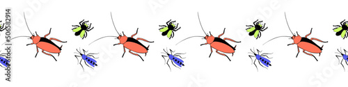 Vector edging, ribbon, border of cockroaches, flies, mosquitoes. Annoying unpleasant insects harmful to humans. Seamless pattern, ornament, decorative element for insects design, Pest control theme