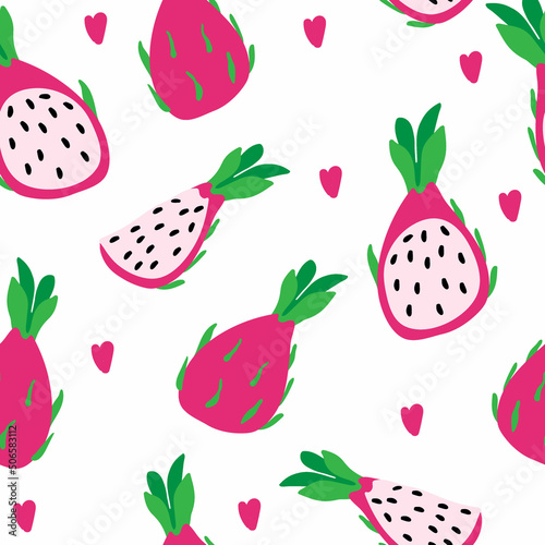 Seamless pattern of pitaya and abstract hearts, summer vector illustration in cartoon style. Pitaya whole, half and quarter. Bright summer pattern.