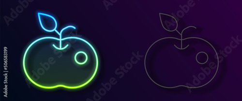 Glowing neon line Poison apple icon isolated on black background. Poisoned witch apple. Vector