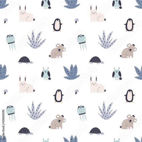 Scandinavian pattern with cute animals. Endless background, texture with repeating nordic print for childish textile, wrapping, wallpaper. Kids colored flat vector illustration with Scandi characters