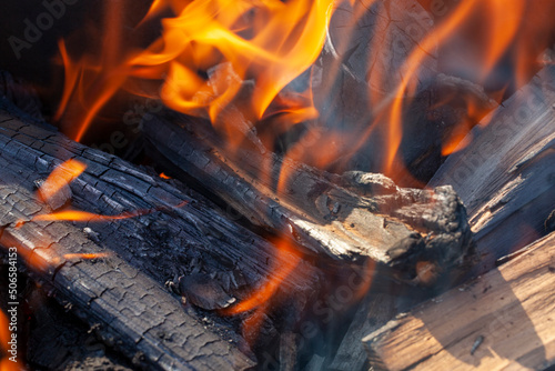 a fire made of logs with a bright flame at a camping while cooking