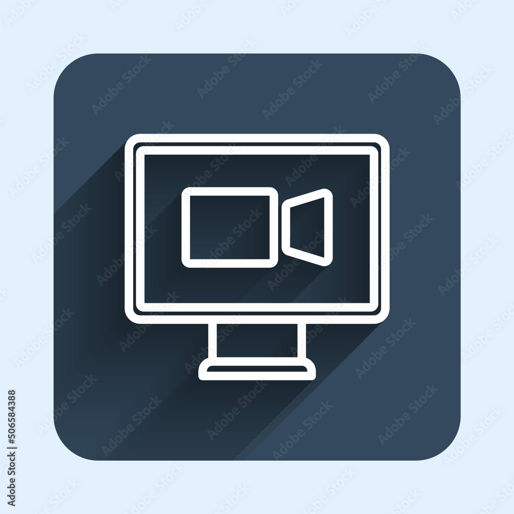 White line Video chat conference icon isolated with long shadow background. Online meeting work form home. Remote project management. Blue square button. Vector