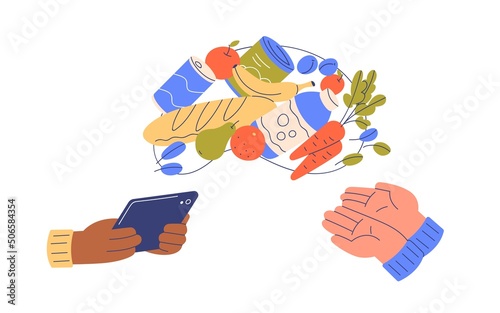 Online food donation, aid concept. Mobile phone application for sharing, donating meal with needy people. Charity app for help with groceries. Flat vector illustration isolated on white background