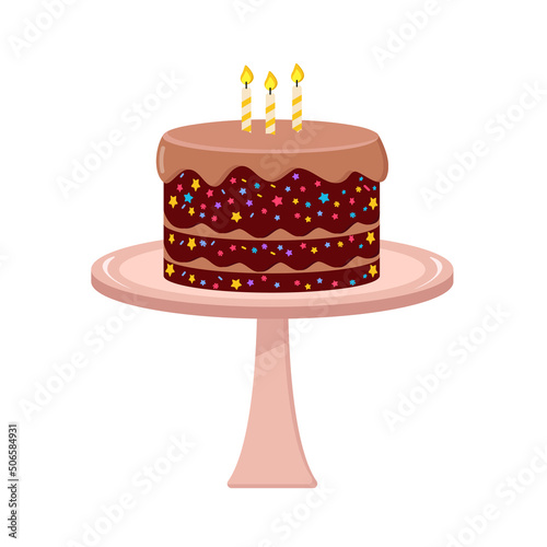 Delicious sweet chocolate cake with chocolate layers and icing. Delicious confection isolated cartoon vector illustration.