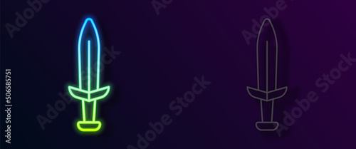 Glowing neon line Medieval sword icon isolated on black background. Medieval weapon. Vector
