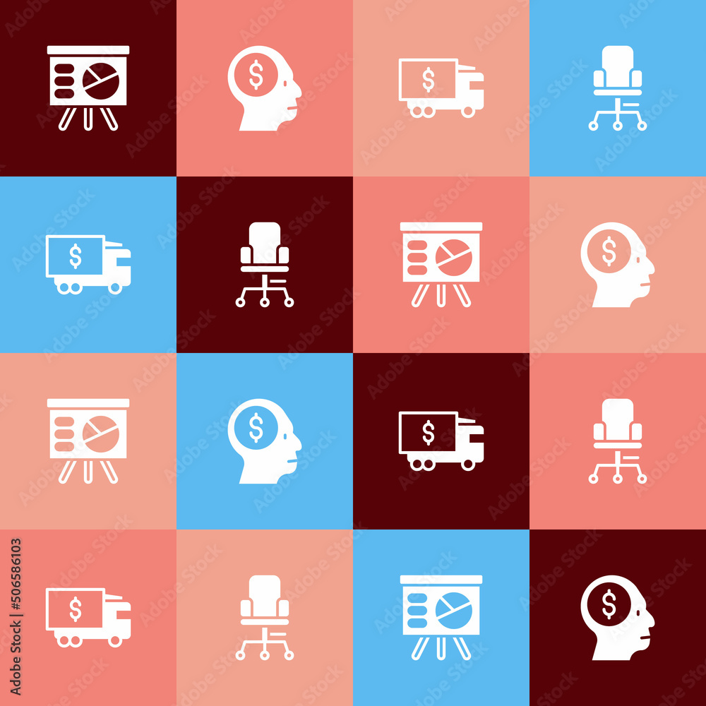 Set pop art Board with graph, Business man planning mind, Armored truck and Office chair icon. Vector
