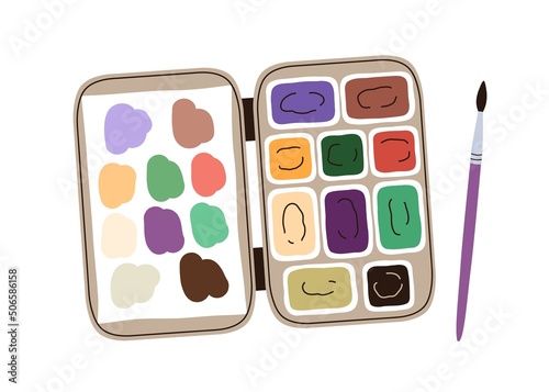 Watercolor paints box and drawing brush. Watercolour palette and paintbrush. Water colour pallette case with different dyes for artist. Colored flat vector illustration isolated on white background