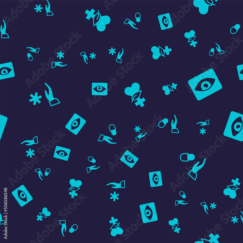 Set Cross hospital medical, Red eye effect, Ethnoscience and Medical prescription on seamless pattern. Vector