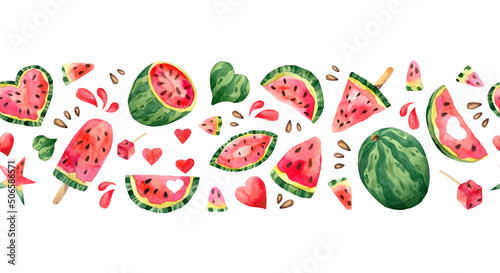 Fototapeta Naklejka Na Ścianę i Meble -  Summer seamless border with watercolor watermelon. Hand drawn decor for pattern of dessert menu. Illustration on white isolated with slices of ripe fruit, ice cream, canape, star and heart shapes.