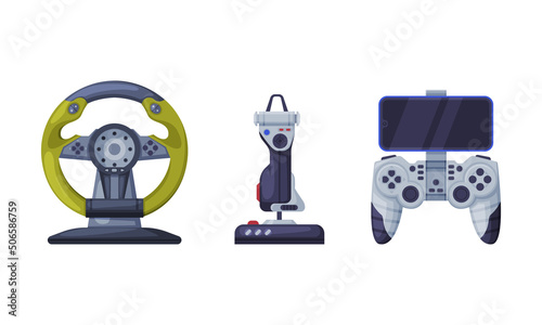 Gamepad and Steering Wheel as Game Controller and Input Device for Video Game Console Vector Set