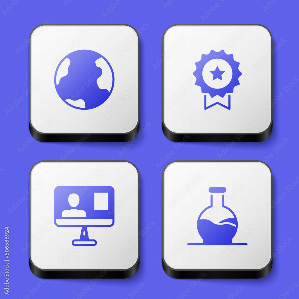 Set Earth globe, Medal with star, Online class and Test tube icon. White square button. Vector Set Earth globe, Medal with star, Online class and Test tube icon. White square button. Vector